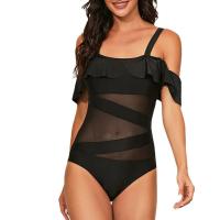 ราคา New Solid Black Mesh Patchwork Swimsuit Off Shoulder And Backless Transparent Hot Bikini Swim Suits Female Cut Out Swimsuit Bathing Suit For One Piece Ruffled Womens Swimwear (20022477615)
