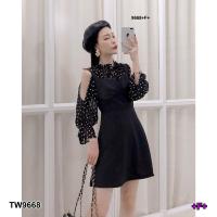 ราคา TW9668 Set เสื้อครอปแขนยาวลายจุด ผ่าแขน เอี๊ยมเดรสสายเดี่ยว (680632355)