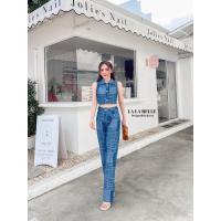 ราคา LALA BELLE LLB047 ชุดเซตยีนส์ลายชิโนริ 2 ชิ้น เสื้อคอปกกระดุมหน้าแขนกุด แมทช์กับ กางเกงขายาวเอวสูง (20543884751)