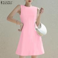 ราคา ZANZEA ชุดซันเดรสคอกลมแขนกุดชุดกระโปรงแบบสั้นมินิเรียบหรูสไตล์เกาหลี 11 (19815587430)