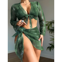 ราคา 4pcs set Green Purple Swimsuit Sets Allover Print Transparent Mesh Fabrics Long Sleeve Bikini Cover Up Mini Skirt for Woman Four pieces Lace Up Triangle Beachwear (20155938544)