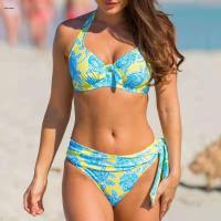 ราคา Culiy เสื้อสายคล้องคอชุดบิกินี่ชุดบิกินี่สตรีชุดบิกินี่เสื้อผูกเน็คไทด้านล่างแยกด้านข้างพิมพ์ลายขนาดตั้งแต่ S ถึง2XL (20381572356)