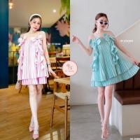 ราคา เดรสสั้นสายเดี่ยวเนื้อผ้าอัดพรีทเป็นลอน ๆ ทั้งชุด ปลายชายแต่งระบายชายเพิ่มหนึ่งชั้น (20435870307)