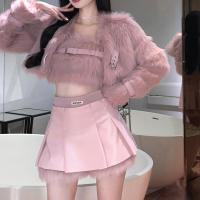 ราคา Faux Leather Pleated Skirt Shorts High Waist Pink Cute Fake Fur Mini Skirts Girls White Elegant y PU Short Skirt Women (14133779920)