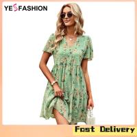 ราคา Yesfashion Store IN stock Women Summer Short Dress Boho Floral Print V Neck Short Sleeve Fashion Elegant Mini A Line Dresses (21186766514)