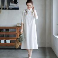 ราคา Vintage Ethnic Style Slimming Cotton And Linen Red Dress Large Size Womens Embroidered Half Sleeve Loose Midi Dress (19717251551)