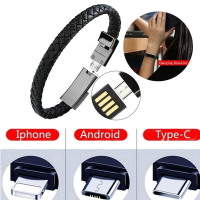 ราคา สายชาร์จข้อมูล USB แบบสั้นสําหรับ iPhone MicroUSB Type C ที่ชาร์จสร้อยข้อมือหนังสําหรับ iPhone 14 13 12 11 Pro Max (19728514581)