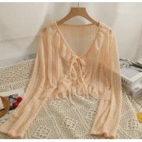 ราคา เสื้อคลุมครอปลูกไม้ยืดฉลุ แขนยาว ผูกหน้า (16207832441)