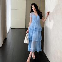 ราคา ชุดเดรสจับจีบแขนสั้นคอวีเข้ารูปดูดีใส่แล้วดูผอมลูกไม้ผ้าชีฟองสีฟ้าสไตล์ฝรั่งเศสชุดเดรสยาวใส่เค้กสำหรับผู้หญิง (20027894662)