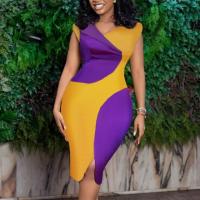 ราคา ZZOOI Women Bodycon Dress Yellow Purple Patchwork Short Sleeve Office Lady Slim Femme Vestido Modest African Large Size Summer Fashion (10524713959)