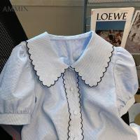 ราคา AMMIN ฤดูร้อนใหม่แขนฟองลูกไม้สีฟ้าเสื้อชีฟองสไตล์เกาหลีแฟชั่นอารมณ์แขนสั้นเสื้อหลวมอารมณ์เสื้อชีฟอง (16716010800)