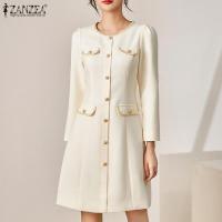 ราคา ZANZEA เดรสสไตล์เกาหลีของผู้หญิงทรงเอไลน์แขนยาวหรูหราคอกลมชุดมินิเดรสเรียบ 11 (21152943616)