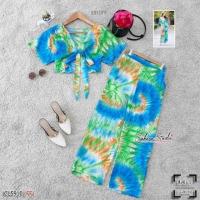 ราคา 9055 ชุดเซท เสื้อ แขนสั้น ผูกเอว กางเกงขายาว ลายผ้ามัดย้อม เสื้อผ้าแฟชั่น ชุดไปทะเล ใส่สบาย (16980397575)