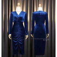 ราคา พร้อมส่ง LUXURY707 Velvet Dress กำมะหยี่แขนยาว กระโปรงทรงทิวลิปพรางหน้าท้อง LX0335 (13527509092)