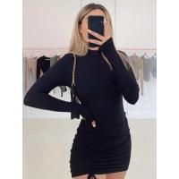 ราคา แขนยาว Ruched ชุดเดรสบอดี้คอนผู้หญิงคอเต่าผ้าพันคอมินิเดรสฤดูใบไม้ร่วงสีดำผอมยืดพรรค Vestidos (21170158537)