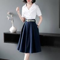 ราคา กระโปรงแฟชั่นคอวีสองชิ้นสำหรับผู้หญิงกระโปรงเอวสีขาวเสื้อเชิ้ต2023สูทมืออาชีพฤดูร้อนใหม่ (18683769923)