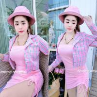 ราคา TW15255 set เสื้อคลุมลายสก็อตทรงครอป เดรสเกาะอกรูดกระโปรง set Plaid crop top halter neck dress (7245264175)