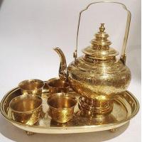 ราคา ชุดน้ำชากาโบราณฝาสามชั้นทองเหลืองตอกลาย ถาดน้ำชาลายทรงเปล 12 นิ้ว (17319020433)