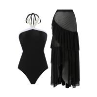 ราคา 2pc set Elegant Solid Color Women Beach Swimsuit One Piece Black Beaded Neck Tie Swimwear Ruffled with Mesh Perspective Cover Up Skirt (21298360653)