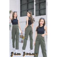 ราคา ยีนส์ขากระบอกใหญ่ เอวสูง ผู้หญิง คาร์โก้ เขียวขี้ม้า ผ้ายืด (17605958225)