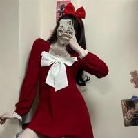 ราคา คริสมาสต์ชุดวินเทจผู้หญิง วาเลนไทน์ ชุดคริสมาสหญิง เดรสออกเดท เดรสคอเหลี่ยมแขนยาวโบว์ ชุดเดรสสีแดง (21197331041)