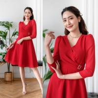 ราคา PD106 SSunshine Dress เดรสผ้าชีฟอง คอวีป้าย แต่งเพชร แขนห้าส่วน กระโปรงบานย้วย (19242523326)