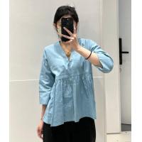 ราคา Uniqlo Sanlitun produced 2023 spring new womens linen cotton blended waist pleated V neck three quarter sleeve shirt S458848 (20401802794)