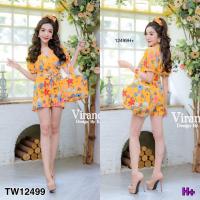 ราคา TW12499 จั๊มสูทขาสั้น ป้ายอก มีเชือกผูกเอว โดนัทมัดผม กระเป๋าลายดอก (2728986751)