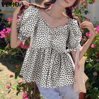 ราคา VONDA เสื้อผู้หญิงแขนพองคอวีมีระบายพิมพ์ลายหัวใจ ลำลองเกาหลี (19186542840)