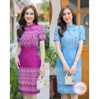 ราคา ชุดผ้าไทย เดรสผ้าไทย เดรสทำงาน ผ้าทอ ลายขอพระราขทาน สีฟ้า สีบานเย็น คอจีน อัดกาวทั้งชุด (19194838542)