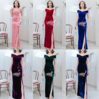 ราคา ชุดราตรี เดรสยาว เครื่องแต่งแบบยาว 5021 ผ้ากำมะหยี่ ทรงปาดไหล่สไบ (19264145771)