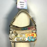 ราคา กระเป๋าถือ COACH แท้ ผ้าลาย Signature สายผ้า มีตำหนิที่หนังกุ๊นขอบแตกลอกหลุดร่วง ลดราคาขาดทุน Clearance COACH 20029 DAISY POP C APPLIQUE CROSSBODY BAG Clearance (20980890036)