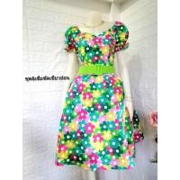 ราคา ชุดเดรสลายดอกย้อนยุค รุ่นดอกไข่ดาว แบบโทนสี (19481470322)