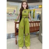 ราคา Smile ShSh44ชุดเซ็ตเสื้อครอปเทาแขนสั้น ปักอะไหล่เพชรmui กางเกงแต่งขาดเอวจีบเอวสูงเท่ๆ (20416447470)