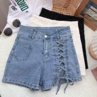 ราคา Korean womens denim short summer new casual fashion strap slim stretch denim A line hot pants high waist white denim short (19802309922)