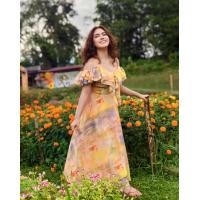 ราคา Alisa sonya เดรสสลิงเปิดไหล่ผู้หญิงเดรสสายเดี่ยวเปิดไหล่ชุดยาวผ้าพิมพ์ลายริมเอวสูงคอวีมีระบายสำหรับฤดูร้อน (20999753265)