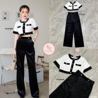 ราคา งานป้าย BT Studio set 2ชิ้นเสื้อครอปแขนสั้นกระดุมหน้าเนื้อผ้ามีลายในตัวแต่งแถบด้วยผ้ากำมะหยี่สีดำ แมทซ์กับกางเกงขายาวผ้ากำมะหยี (20299088164)