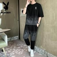 ราคา PLAYBOY ผ้าฝ้ายแขนสั้นสำหรับผู้ชายกางเกงขายาวทรงหลวมสองชิ้นสำหรับฤดูร้อนชุดแบรนด์เนมคอกลมแขนสั้นกางเกงขายาวลำลอง (14420525186)