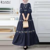 ราคา ZANZEA ชุดมุสลิมแขนพองสำหรับผู้หญิงชุดเดรสแขนพองพิมพ์ลายย้อนยุคชุดเดรสแม็กซี่ Abaya Kaftan (21167791379)