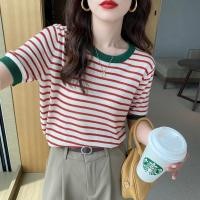 ราคา เสื้อยืด ผ้าไหมพรม คอกลม แขนสั้น ดีไซส์ลายริ้ว แต่งสีกุ้นคอกุ้นแขน เสื้อผ้าแฟชั่นสไตล์เกาหลี 614 (21006641257)