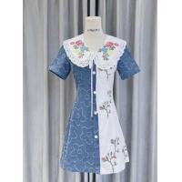 ราคา ป้าย Pe เดรสสั้นงานยีนส์คอปกแต่งระบายลูกไม้แสนสวย (20736016194)