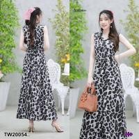 ราคา เดรสปกเชิ้ตแขนกุด ลายเสือติดกระดุมสีดำด้านหน้าแหวกได้ CL20054 (20805475544)