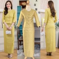 ราคา ชุดเข้าเซท เสื้อ ผ้าถุง ผ้าเนื้อเดียวกัน ผ้าไหมทอลาย สีเหลือง ชุดไทยเรือนต้น อัดกาวทั้งชุด (21040911885)