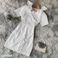 ราคา BS3275 เดรสออกงาน ผ้าซาร่าเนื้อเงา แขนสั้น แต่งโบว์ไหล่ แหวกหน้า เดรสออกเดท (16596543256)
