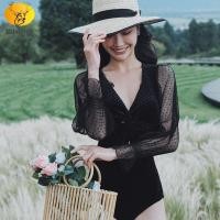 ราคา Chesy ชุดว่ายน้ำแขนยาววันพีชของผู้หญิงชุดว่ายน้ำลำลองทรงสลิมฟิตสีพื้นคอวีลึกลายจุดทรงตาข่ายใหม่ปี2022 ชุดว่ายน้ำหญิง (11537676757)