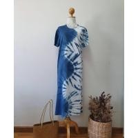 ราคา เดรสผ้ายืด คอกลมแขนสั้นแหวกข้าง COTTON 100 ผ้านิ่ม ใส่สบายมากกก ย้อมครามแท้ ย้อมธรรมชาติ Free size รอบอก 42 ยาว 47 (16084253839)