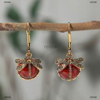 ราคา remai ต่างหูแมลงปอวินเทจต่างหูแฟชั่นสีทองแกะสลักลวดลายโลหะฝังมูนสโตนสำหรับผู้หญิงเครื่องประดับ (20727718491)