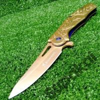 ราคา มีดพับ มีดพก Browning บราวนิ่ง Gold Dragon มังกรทอง เฟรมด้านในสีน้ำเงินตัดสีกันได้อย่างลงตัว เจาะรูที่ใบเพิ่มความสวยงาม ใบ 3 5 นิ้ว ด้าม Stainless Steelระบบล็อค Liner Lock ใบทอง มีดพับเดินป่า ทำครัว พ