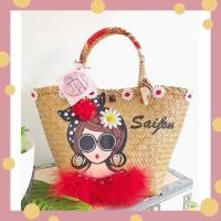 ราคา กระเป๋าสานกระจูดทรงคิมตกแต่งขนมิ้งแดงเพ้นท์ชื่อ ฟรีผ้าพัน (1828220139)