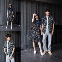 ราคา พร้อมส่ง ชุดคู่รัก เดรสลายกราฟฟิก ปกผ้าพื้น แต่งพู่อก เสื้อเขิ้ตผู้ชาย งานป้ายVSM (17125710364)